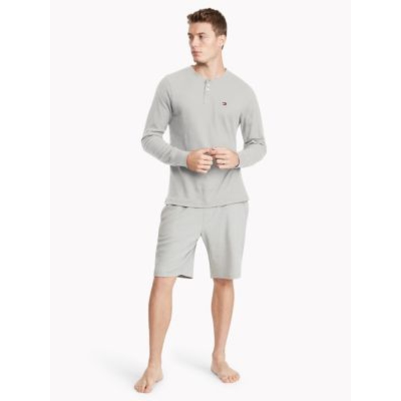 Tommy Hilfiger Mens Thermal Henley Long Sleeve Pajama Shirt Light Grey XL