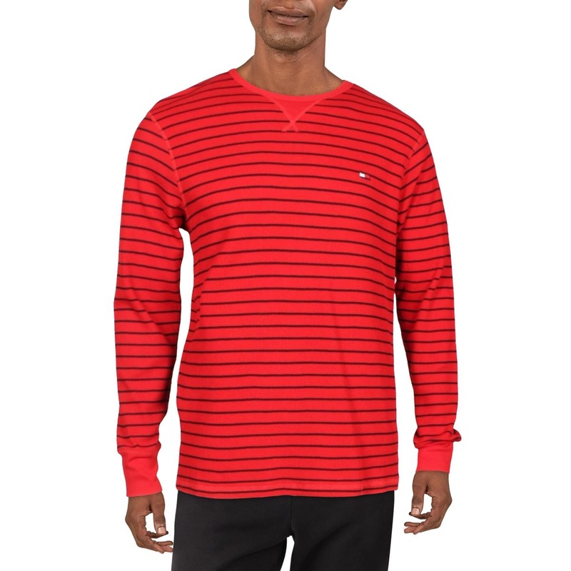 Tommy Hilfiger Mens Thermal Waffle Knit Striped Pajama Shirt Flame Red Small