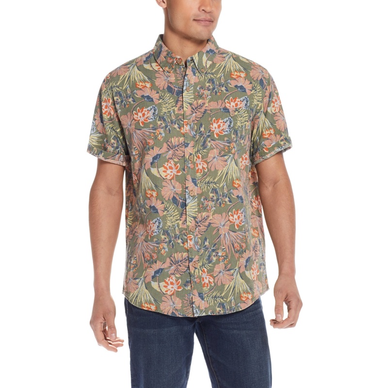 Weatherproof Vintage Men's Button Down Short Sleeve Shirt Olive Green Small