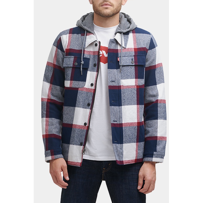 Levis Mens Faux Sherpa Lined Shirt Jacket Navy Red Plaid XL