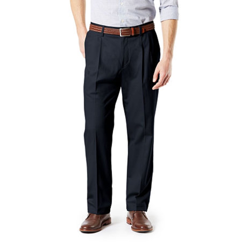 Dockers Mens Signature 2.0 Classic Fit Pleated Khaki Pants Navy Blue 46 x 32