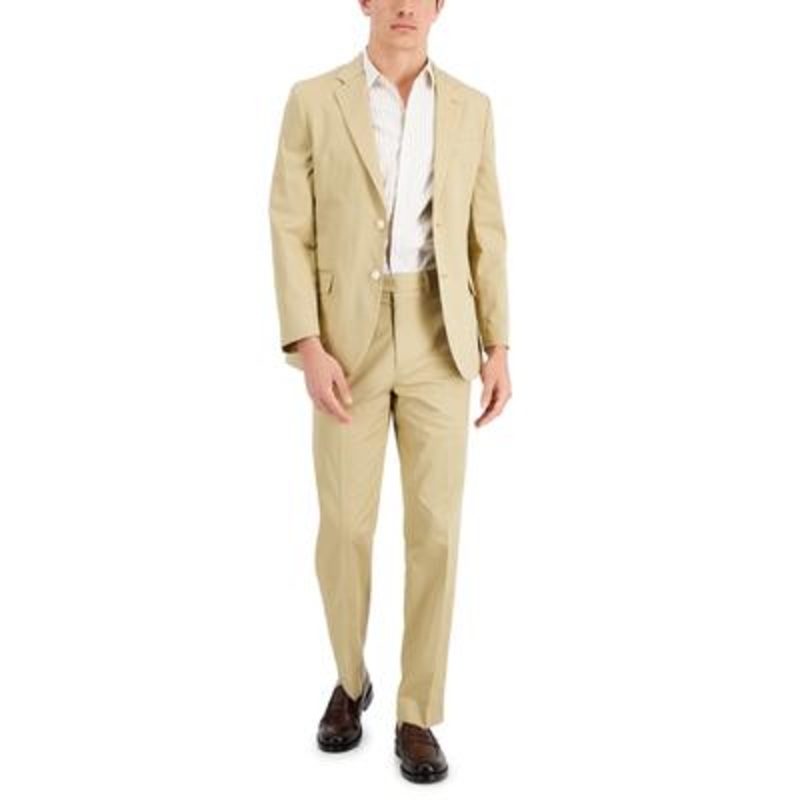 NAUTICA Men's Modern-Fit Stretch Cotton Solid Suit Tan 44L / 38 x 32 Khaki