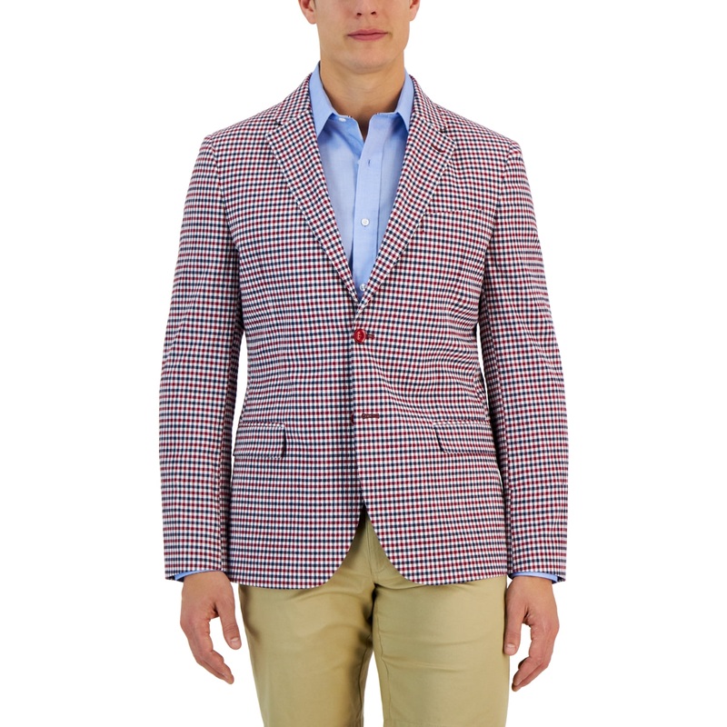 Nautica Mens Modern Fit Stretch Suit Jacket Red Check 36S