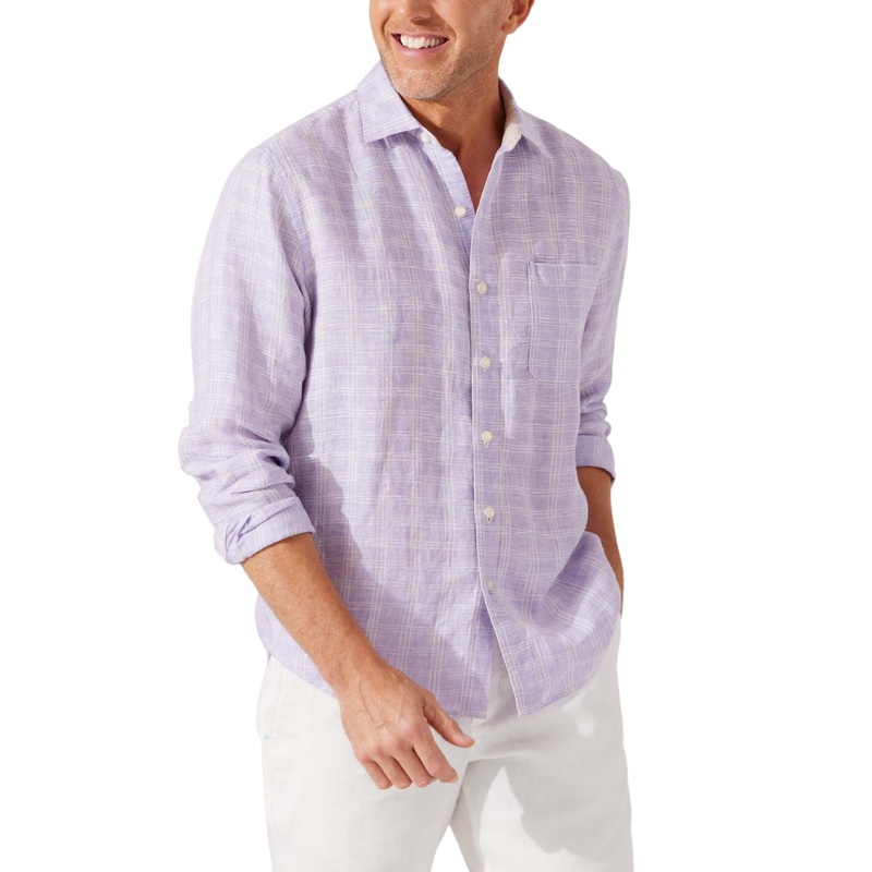 TOMMY BAHAMA Men's Linen Windowpane Textured Plaid Button-Down Shirt Purple Medium