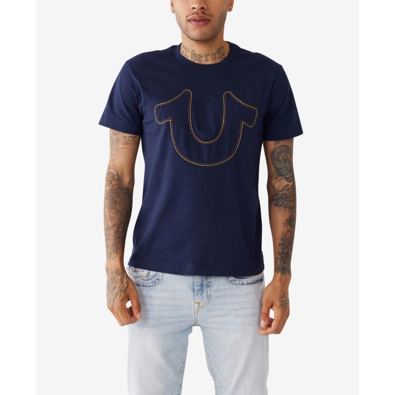 True Religion Mens Double Stitch Horseshoe Logo Short Sleeve T Shirt Blue Medium