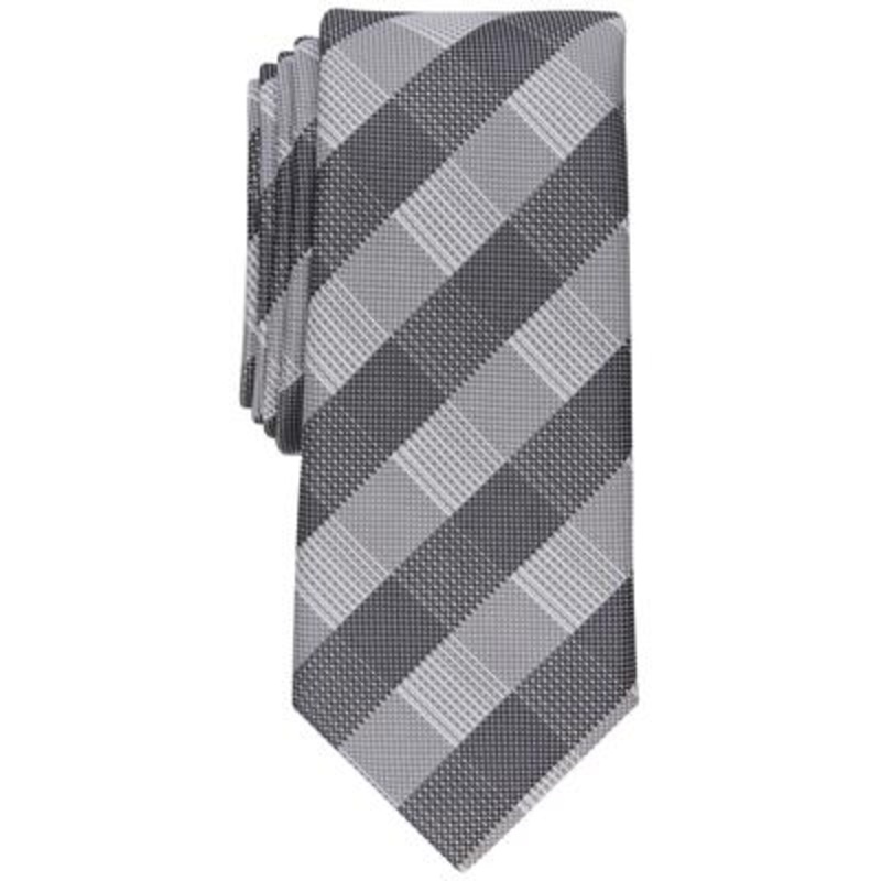 Alfani Mens Slim Plaid Tie Gray One Size Necktie