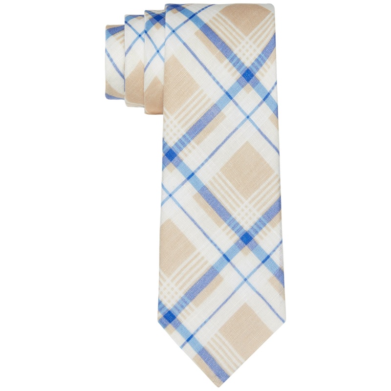Tommy Hilfiger Mens Slim Tie Plaid Linen Taupe Necktie One Size