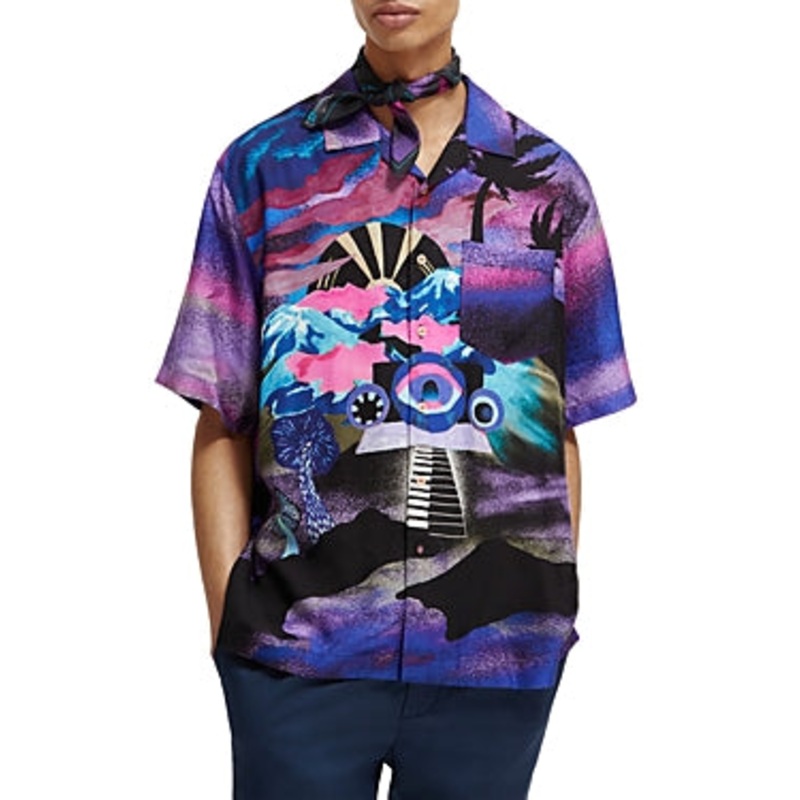 Scotch and Soda Mens Slim Fit Short Sleeve Button Down Camp Shirt Purple Blue XL