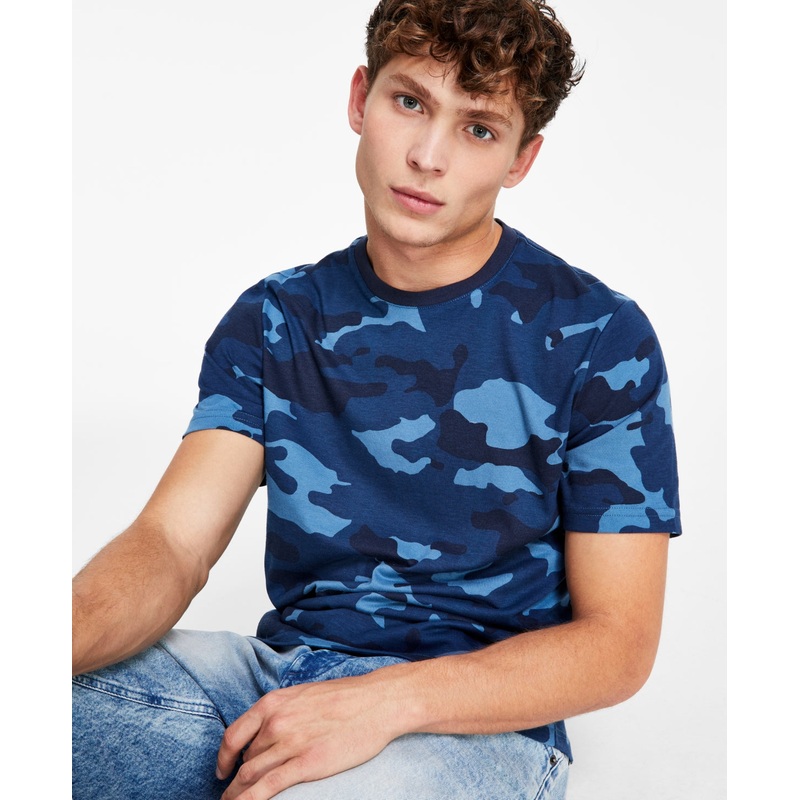 Sun Stone Short Sleeve T Shirt Camo Print Navy Blue 2XL