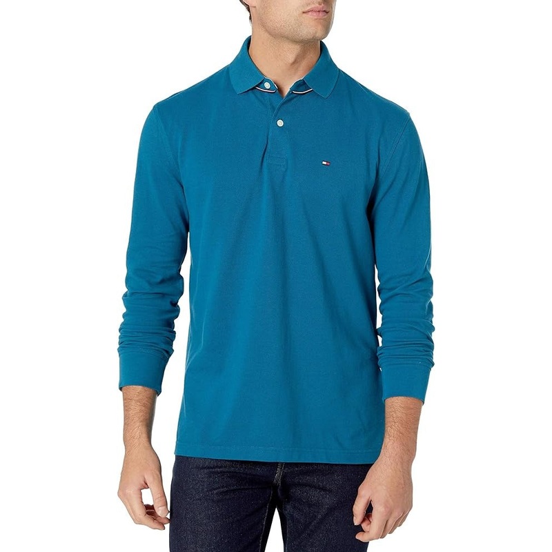 Tommy Hilfiger Mens Ivy Long-Sleeve Polo Shirt Vintage Turquoise Blue XL