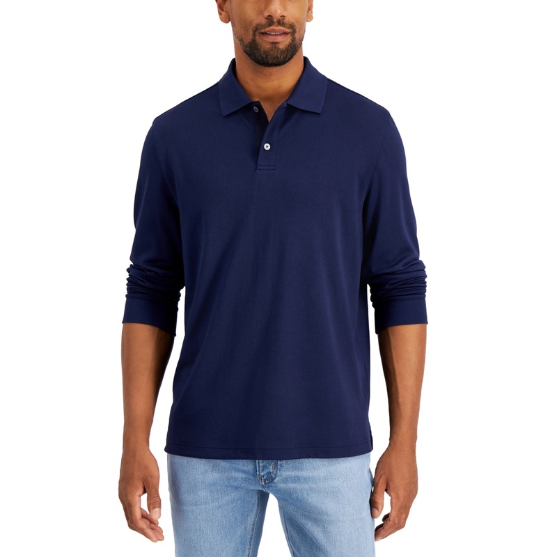Alfani Men's Regular-Fit Long Sleeve Polo Shirt Blue Small