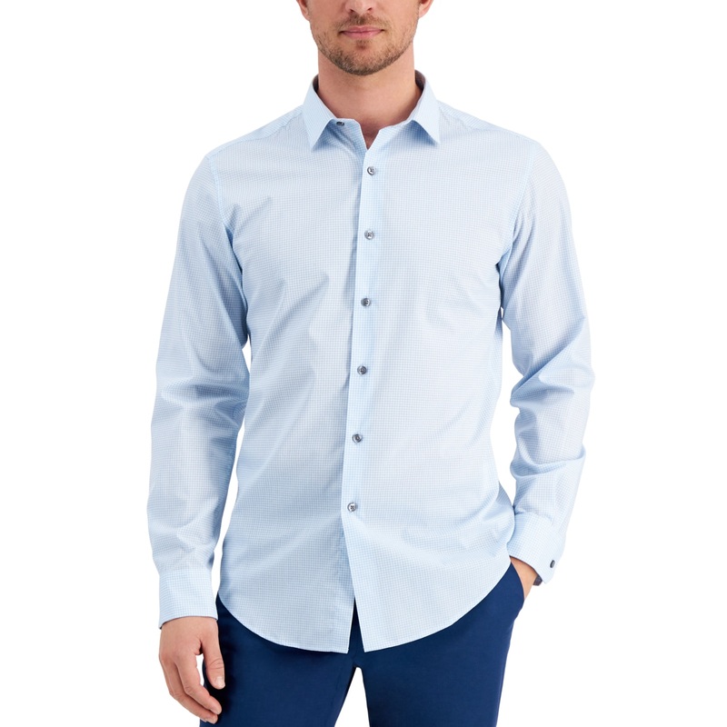 Alfani Mens Slim-Fit Houndstooth Button Down Dress Shirt Blue Medium