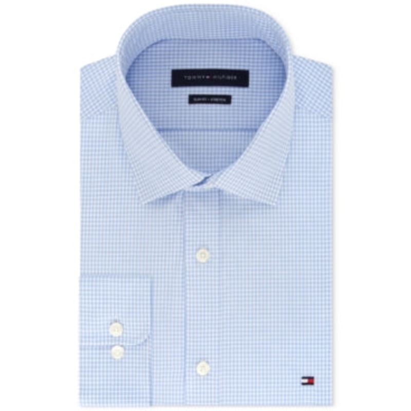 Tommy Hilfiger Men's Slim Fit Stretch Check Sky Blue Button Down Shirt 17 36-37