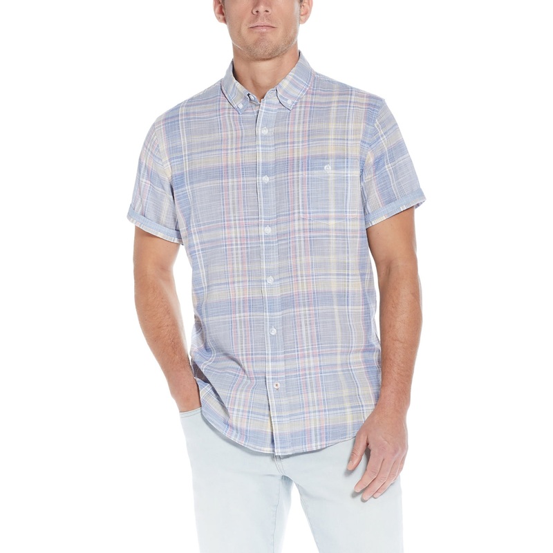 WEATHERPROOF VINTAGE Men's Linen Cotton Short Sleeve Button Down Shirt Blue Small