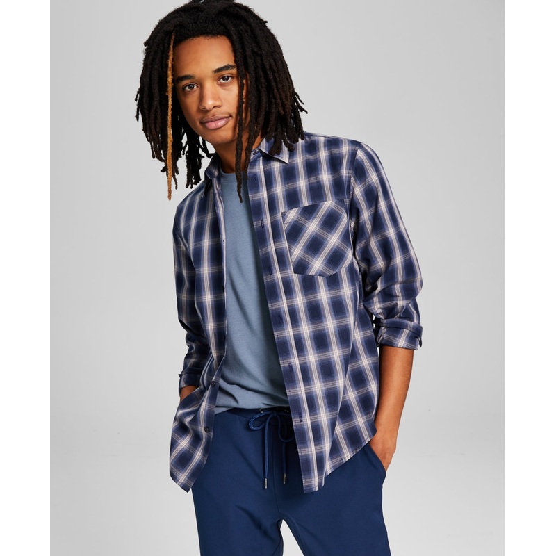 And Now This Mens Woven Blue Plaid Long Sleeve Button Down Shirt Medium