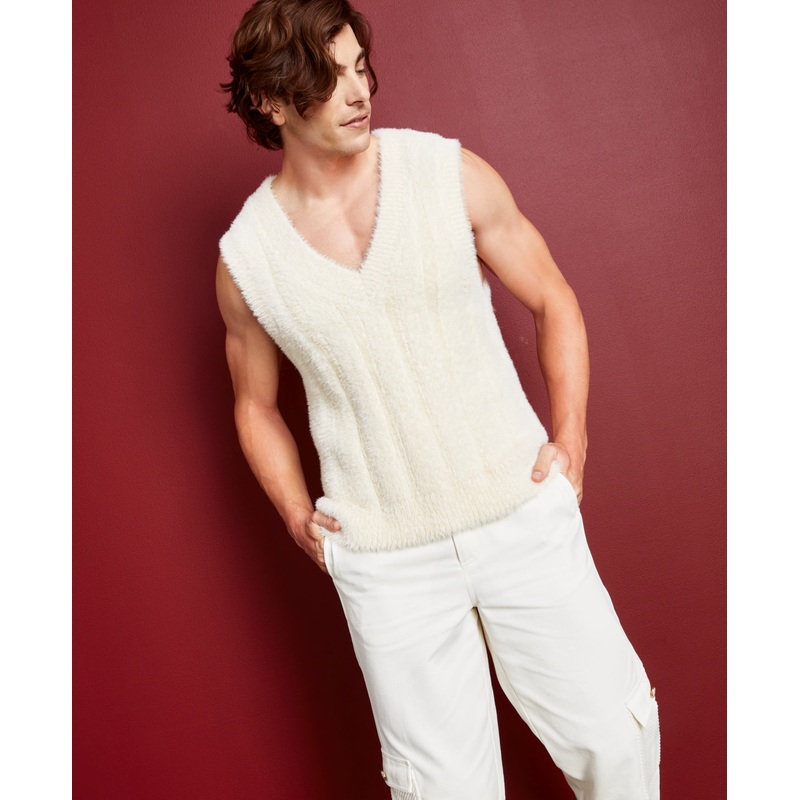 Royalty Maluma Mens White Sleeveless V Neck Sweater  Large