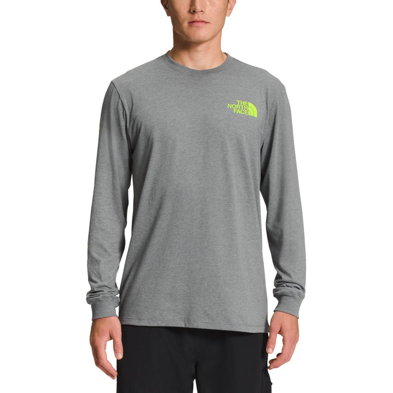 The North Face Men's Logo Graphic Long Sleeve T Shirt Grey LED Yellow Medium