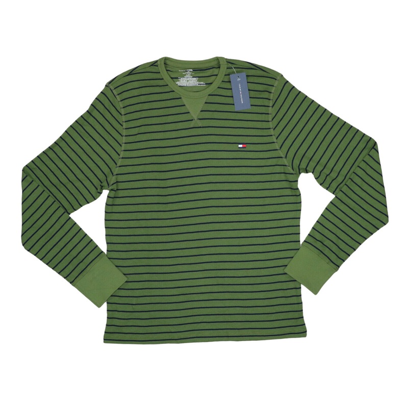 Tommy Hilfiger Mens Thermal Waffle Knit Pajama Shirt Striped Ranger Green XL