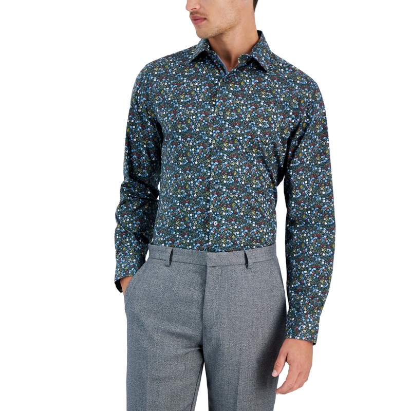 Bar III Mens Slim Fit Button Down Shirt Watercolor Floral Teal Blue XL