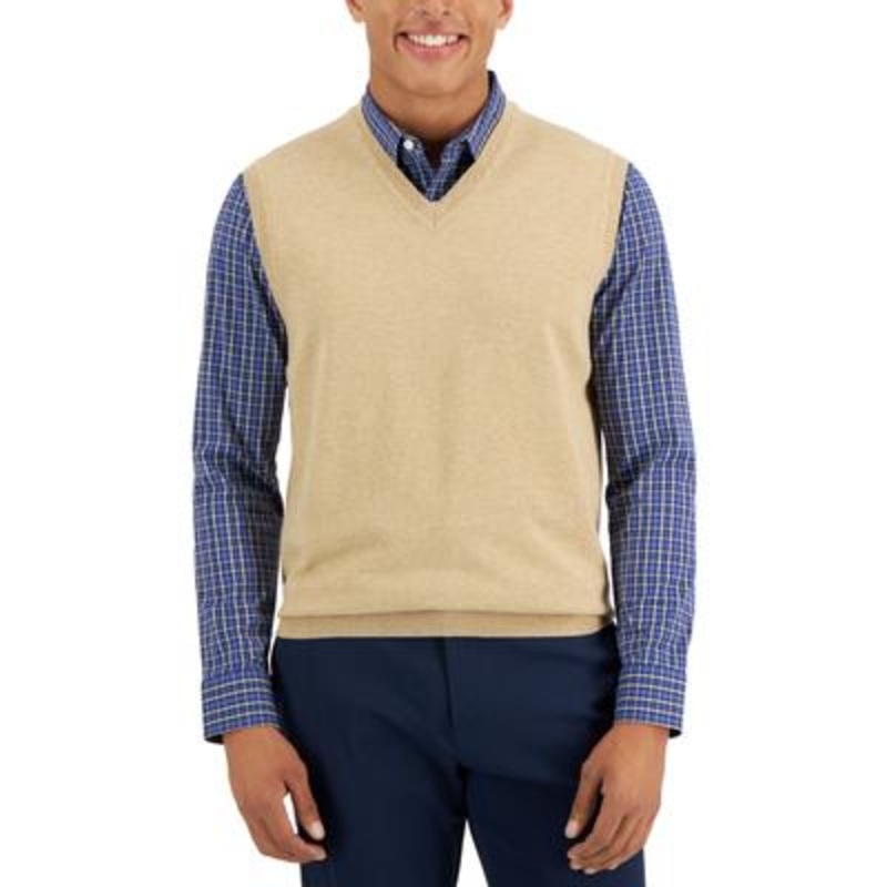 CLUB ROOM Men's Solid V-Neck Sweater Vest toast Heather Large