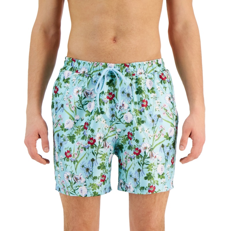 INC INTERNATIONAL CONCEPTS Mens Quick-Dry Floral-Print 5" Swim Trunks Aqua Large