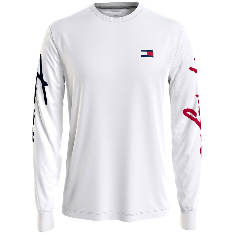 Tommy Hilfiger Men's Long Sleeve Crewneck T Shirt Logo Stripe Bright White Large