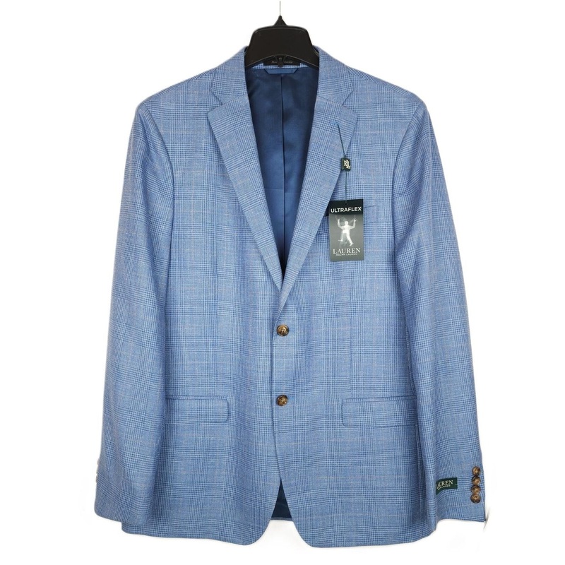 Lauren Ralph Lauren Classic-Fit Wool Silk Linen Sport Coat Lt Blue Plaid 44R