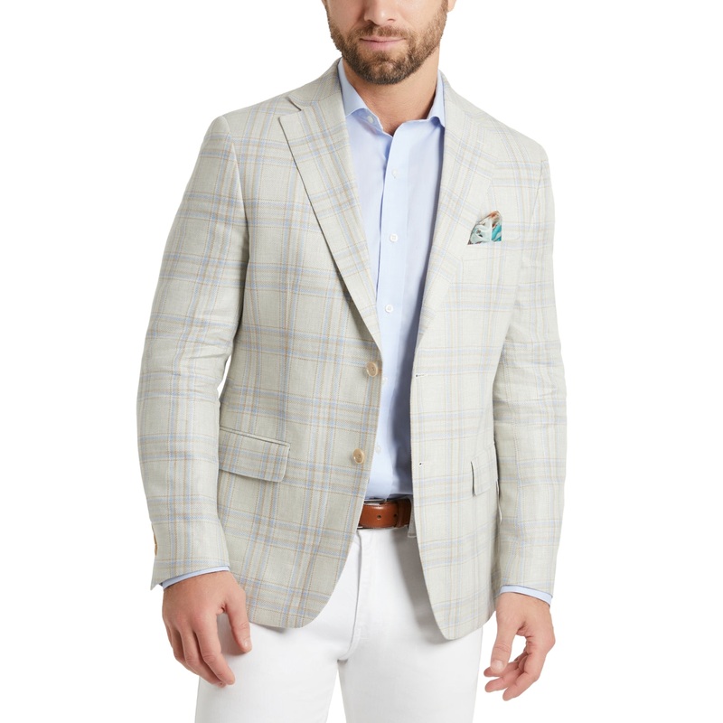 Tallia Slim Fit Patterned Linen Sport coat Tan Blue 40R