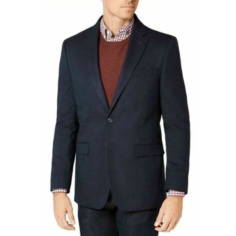 TOMMY HILFIGER Men's Modern-Fit Herringbone Sport Coat 46R Navy Blue