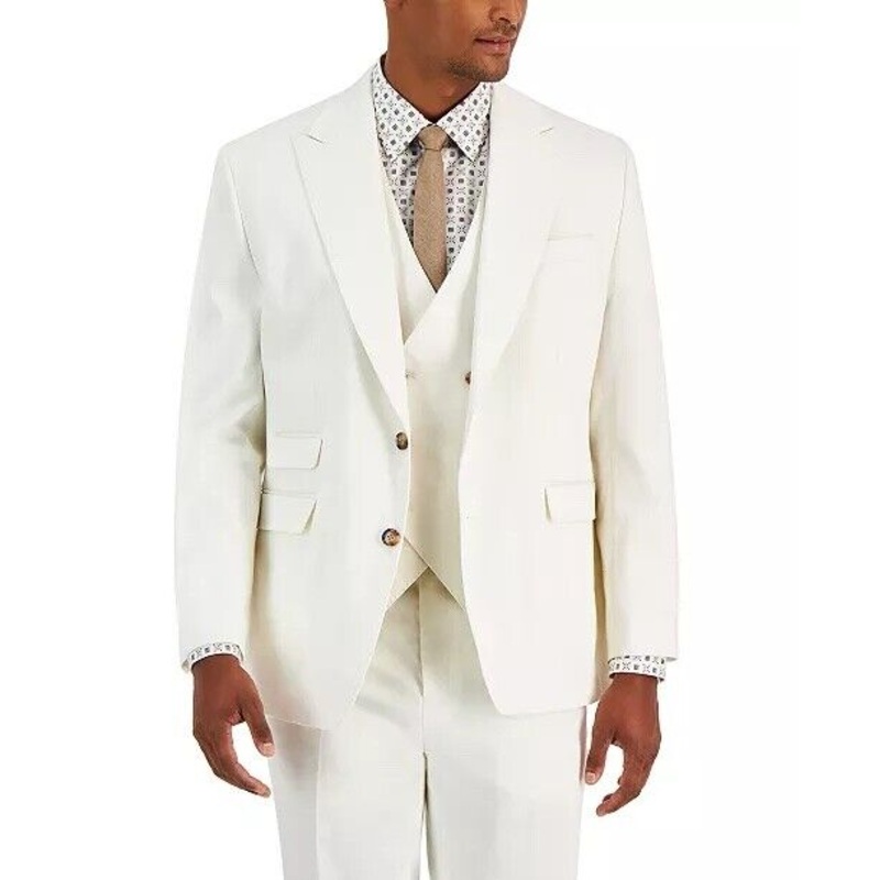 Tayion Collection Mens Classic Fit Linen Suit Jacket White Herringbone 42R