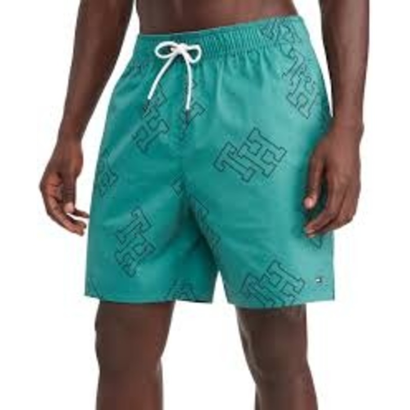 Tommy Hilfiger Mens Allover Monogram Print Swim Trunks Small 7" Inseam Green