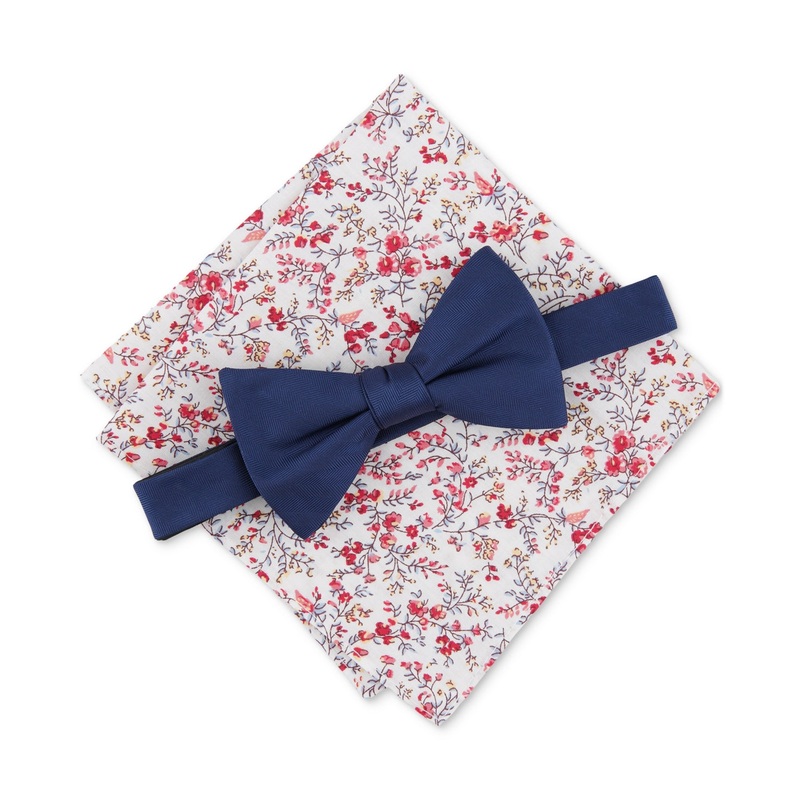 Bar III Mens Santee Solid Bow Tie Pocket Square Set Navy Blue OS