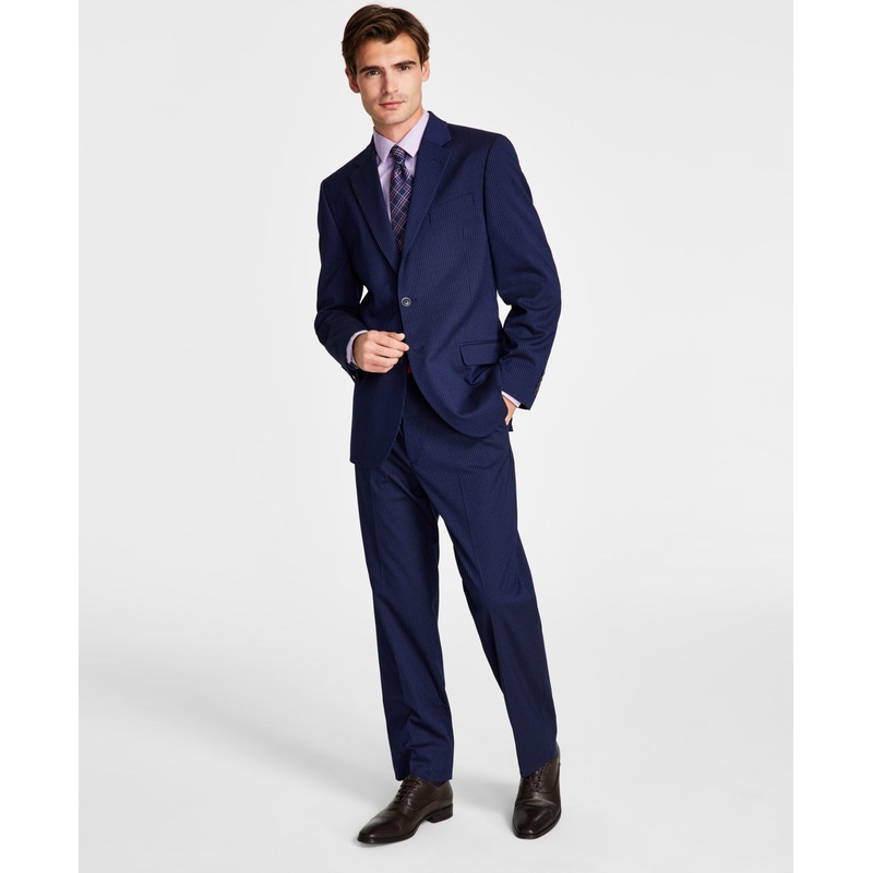 Nautica Mens Modern-Fit Bl Navy Stripe Suit 48L / 42 x 34 Blue Flat Pant