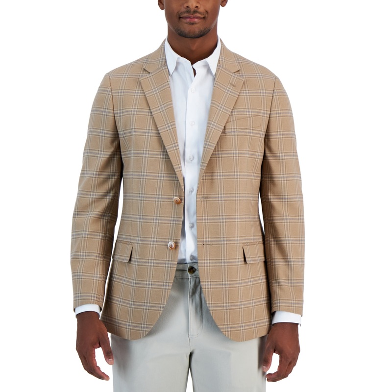 Nautica Mens Modern Fit Sport Coat Tan Blue Thin Plaid Pattern 36R