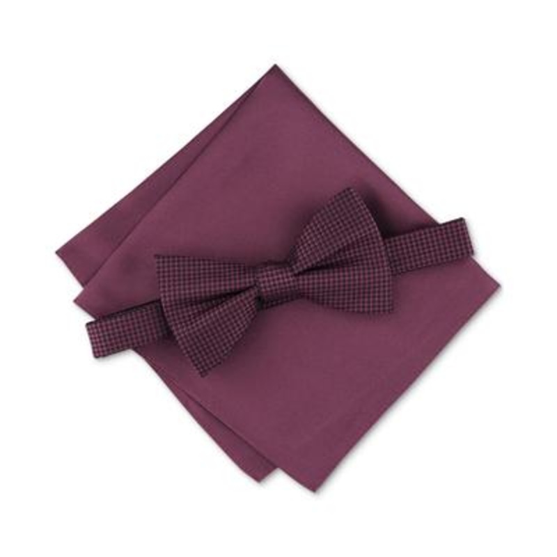 ALFANI Men's Bow Tie & Pocket Square Geometric Print Solid Pink Berry One Size