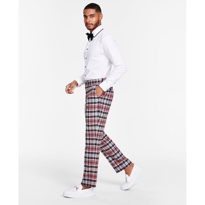 Tayion Collection Men Classic fit Dress Pants 42 / 30 Black Plaid Stretch